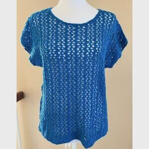 J.Jill open knit mesh crochet short sleeve top / aqua blue / size small